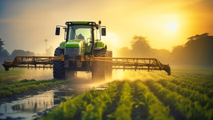 Fototapeta premium A tractor elegantly sprays water across a vibrant field, creating a mesmerizing dance of droplets under the sunlight