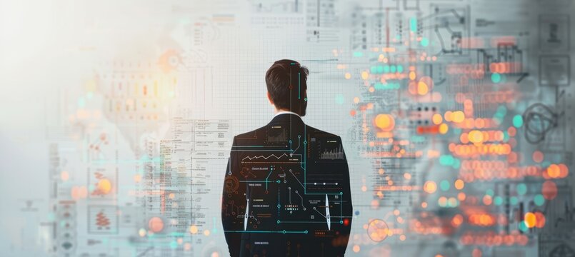 Back view businessman double exposure with economy data. Generative AI technology.	
