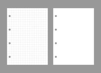 Set of notebook sheets isolated on gray background. Realistic white blanks of checkered and lined paper. Different vertical pages from diary. Vector template.