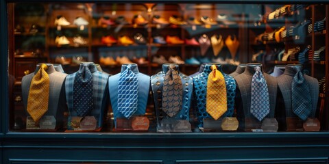 Assortment of mens ties in various colors and patterns on display