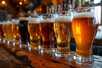 glasses, each containing a different type of beer, are lined up on a wooden bar counter, showcasing a variety of colors and foamy heads.
