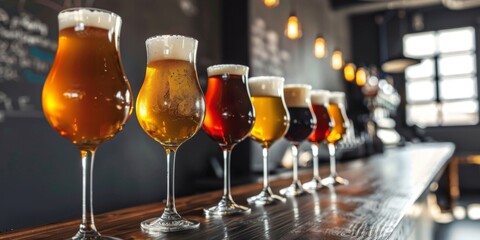 glasses, each containing a different type of beer, are lined up on a wooden bar counter, showcasing a variety of colors and foamy heads.