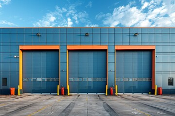 Row of modern warehouse roller doors at twilight