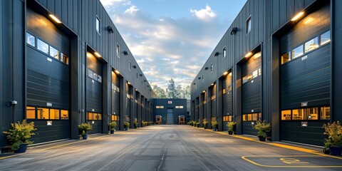 Row of modern warehouse roller doors at twilight