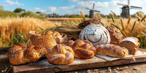 A variety of freshly baked bread and pastries are displayed on a rustic wooden table with a scenic windmill backdrop.