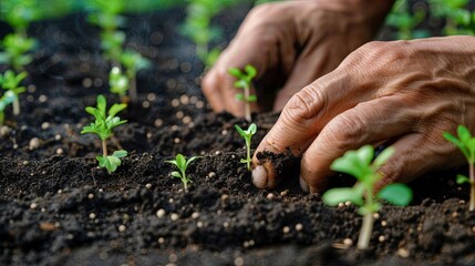Close-up of hands nurturing young plants in fertile soil