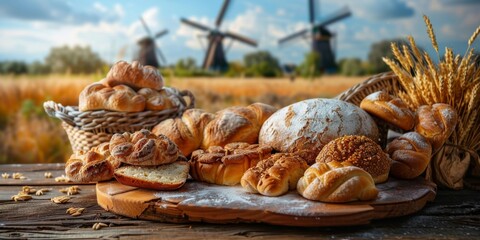 A variety of freshly baked bread and pastries are displayed on a rustic wooden table with a scenic windmill backdrop.