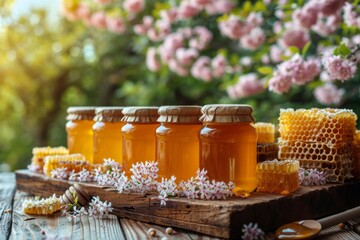 Jars of honey alongside a honeycomb piece resting on a rustic wooden table, surrounded by blooming white flowers in sunlight.