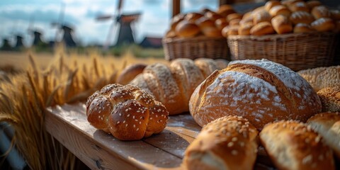 Assortment of fresh baked bread on wooden table at countryside