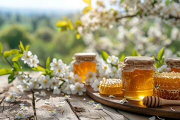Jars of honey alongside a honeycomb piece resting on a rustic wooden table, surrounded by blooming white flowers in sunlight.