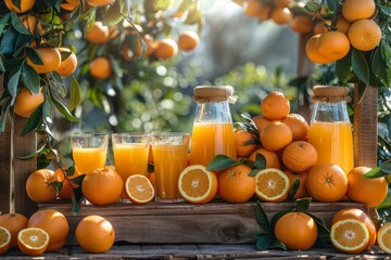 Ripe oranges and fresh juice on a rustic wooden table at sunset