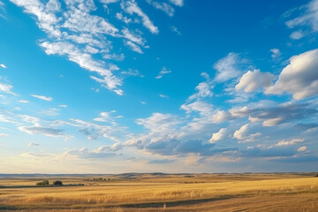 Fototapeta premium Golden Wheat Field Under Vast Blue Sky with Scattered Clouds