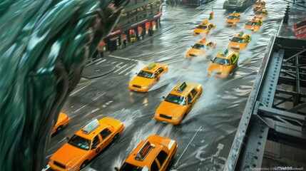 Many yellow taxis are coming from a distance.