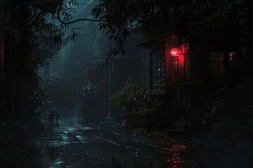 Mysterious Alleyway at Night with Glowing Red Light