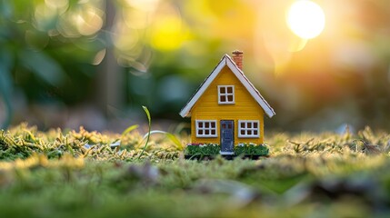 Small yellow house model in a sunny forest setting