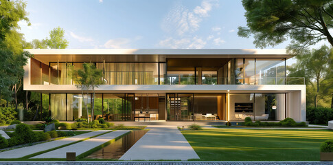 Daytime view of a contemporary two-story villa with large glass windows, surrounded by lush green gardens and reflective water features.