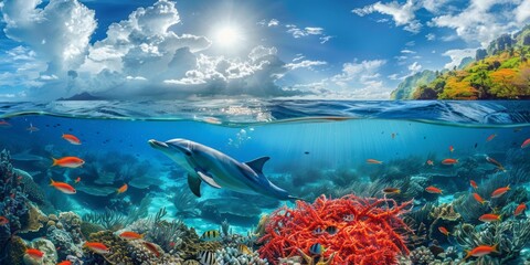 Above and below surface of the Caribbean sea with coral reef, fishes and dolphin underwater and a cloudy blue sky.