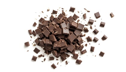 Pile of dark chocolate pieces and shavings, Pile chopped, milled chocolate isolated on white,