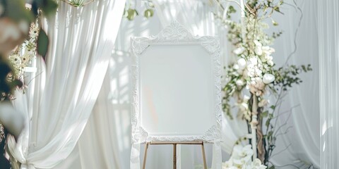 Elegant wedding display board. An ornate white frame on a stand, surrounded by soft white drapery and delicate greenery, perfect for showcasing wedding photos or seating charts.