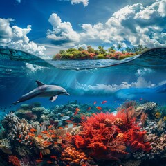 Above and below surface of the Caribbean sea with coral reef, fishes and dolphin underwater and a cloudy blue sky.