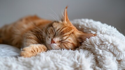 Red kitten sleeping in the fluffy pillows