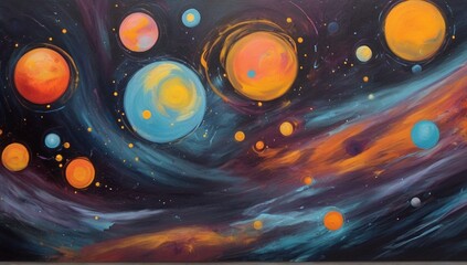 A cosmic scene with planets and stars, painted in an abstract acrylic style with bold colors.