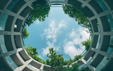 A serene sky framed by a circular architectural design and green treetops