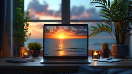 Serene Balcony Workspace with Ocean View: A Modern Outdoor Office Overlooking the Sea for Work and Relaxation, Embracing the Digital Nomad Lifestyle with Laptop and Coffee in a Tropical Setting