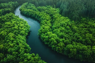 A captivating drone image capturing a river flowing through a sunlit dense green forest environment