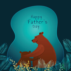 Happy Father's Day Greeting Card Design, Illustration of Cute Bear Sitting with His Cub on Leaves Decorated Teal Blue Background.