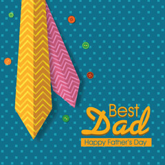 Best Dad, Happy Father's Day Greeting Card with Pair of Necktie on Blue Square Pattern Background.