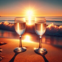 glasses of champagne against sunset background