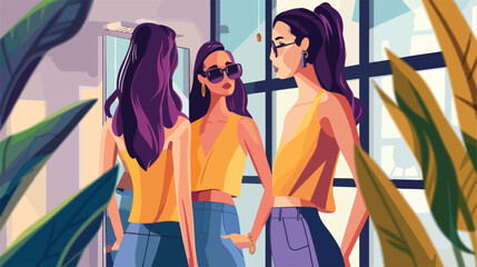 UpFour young woman looking in mirror at home Vector style
