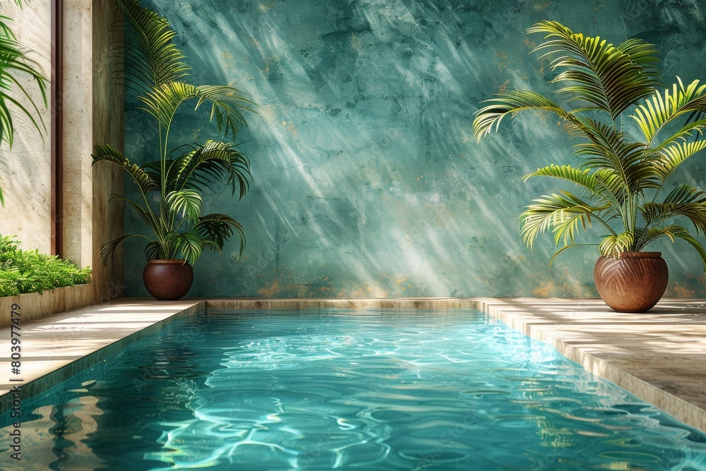 Poster tranquil pool waters reflect the surrounding greenery and architecture, inviting a soothing and refr