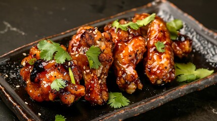 Mouthwatering fried chicken wings glazed in a sticky sriracha honey sauce, garnished with cilantro...