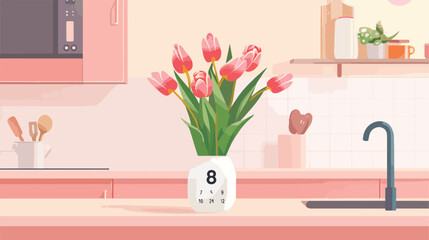 Vase with tulips and cube calendar with date