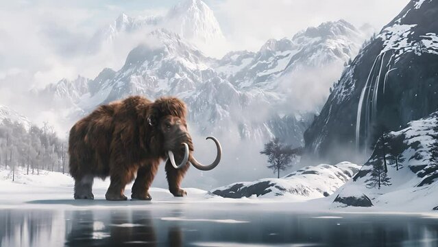 A woolly mammoth with curved tusks, Extinct prehistoric mammal walking with frozen mountain landscape on the background	