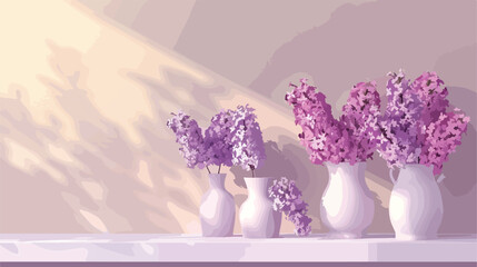Vases with lilac flowers on shelf near light wall Vector