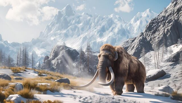 A woolly mammoth with curved tusks, Extinct prehistoric mammal walking with frozen mountain landscape on the background	