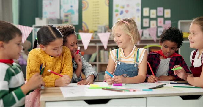 Happy children, drawing and coloring with classmates in kindergarten for fun activity in classroom. Group of young elementary kids sketching colorful paper, poster or sign for learning or development - Powered by Adobe