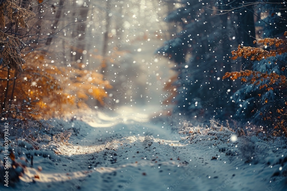 Poster a serene snowy path in a forest, illuminated by golden sunlight with snowflakes creating a magical a