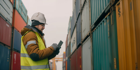 man in construction helmet and vest with tablet in large container warehouse