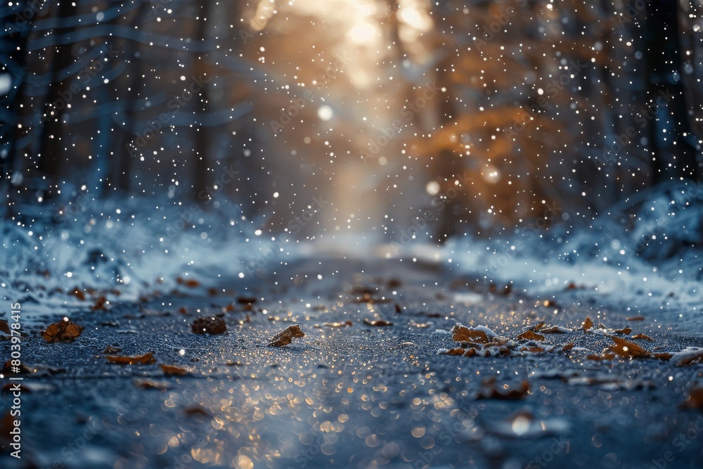 Poster a serene winter scene capturing the essence of a snowy path lined by trees with fallen leaves sparkl