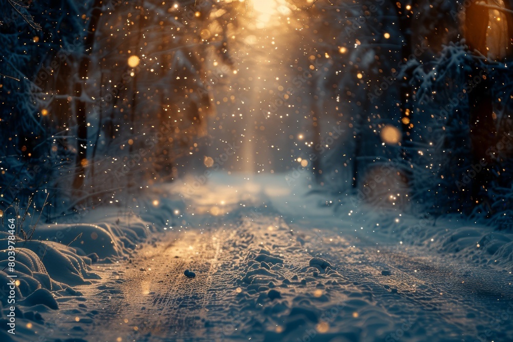 Poster enchanting view of a snow-covered pathway bathed in the soft glow of light flickering through trees 