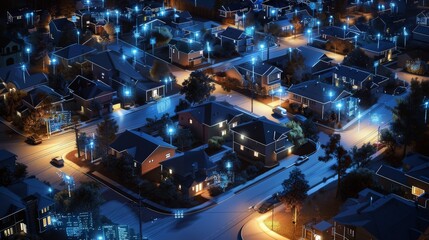 Serene suburban neighborhood at night with advanced security systems visible, showcasing a global tech perspective