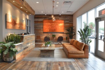 Fototapeta premium A warm and inviting office reception area featuring wooden design elements and a welcoming seating zone