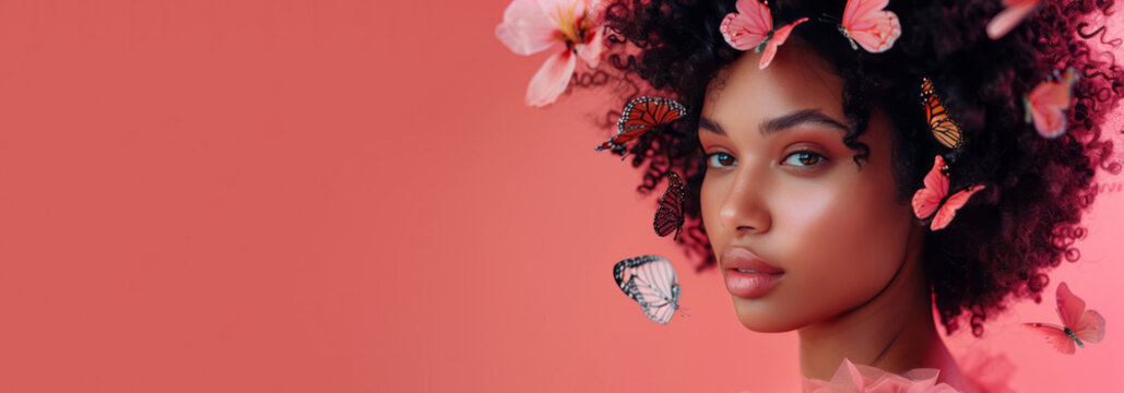 A beautiful woman with curly hair is surrounded by flying butterflies against a pink background, showcasing a hair product.