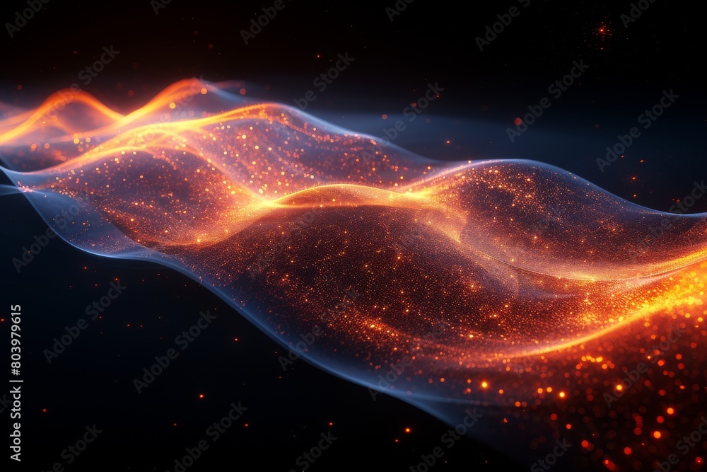 Poster a high-resolution image depicting a dynamic flow of fiery particles creating a wave effect