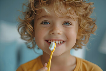 Happy child kid boy brushing teeth with toothbrush on blue background. Health care, dental hygiene. Mockup, copy space