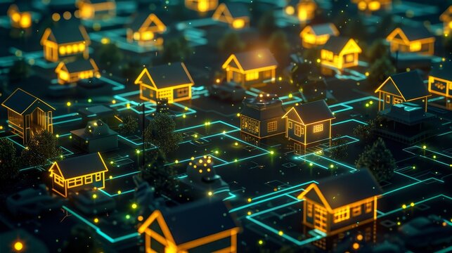 Nighttime in a digital suburb, houses connected by glowing cyber lines, reflecting a secure, high-tech community